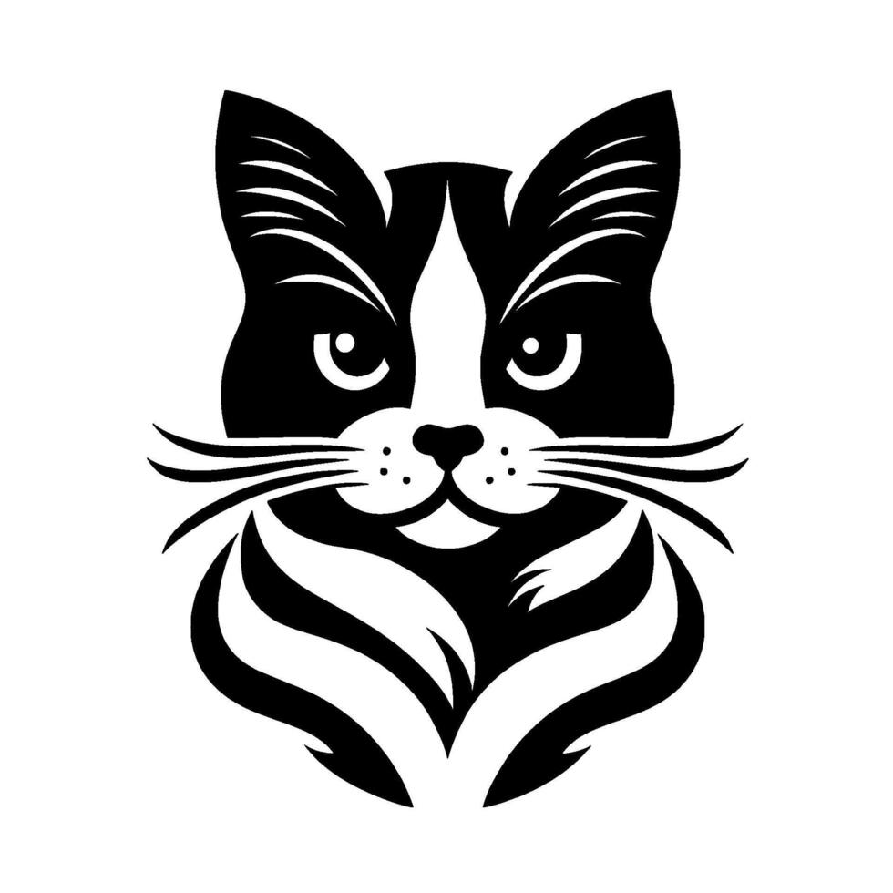 Bold, black and white cat face with expressive eyes and stylized fur, perfect for logos or designs. vector