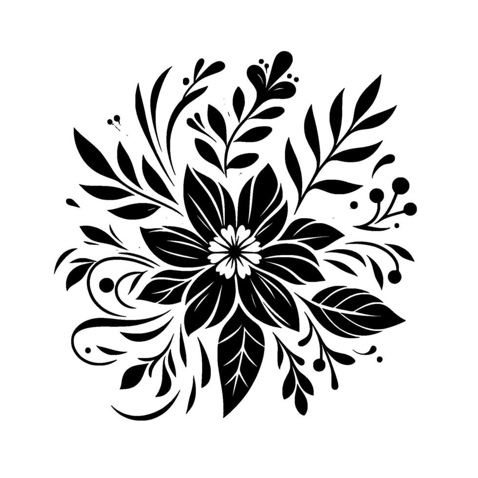 Detailed black and white floral arrangement, centered on a large stylized flower with intricate leaf and berry accents, isolated on white. vector