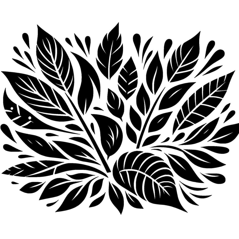 A black and white illustration of stylized leaves and water droplets arranged in an organic floral pattern. vector