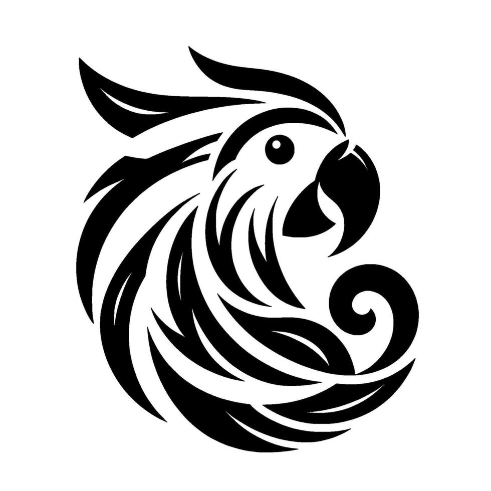 Stylized black and white parrot head design, modern tribal art illustration on white background. vector