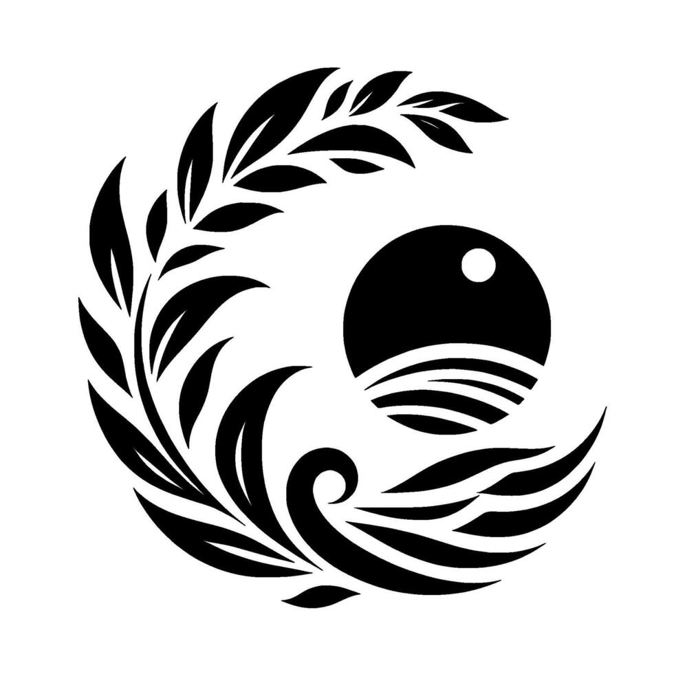 Abstract black and white circular featuring stylized leaves and a sunlike element, creating a harmonious and balanced composition. vector