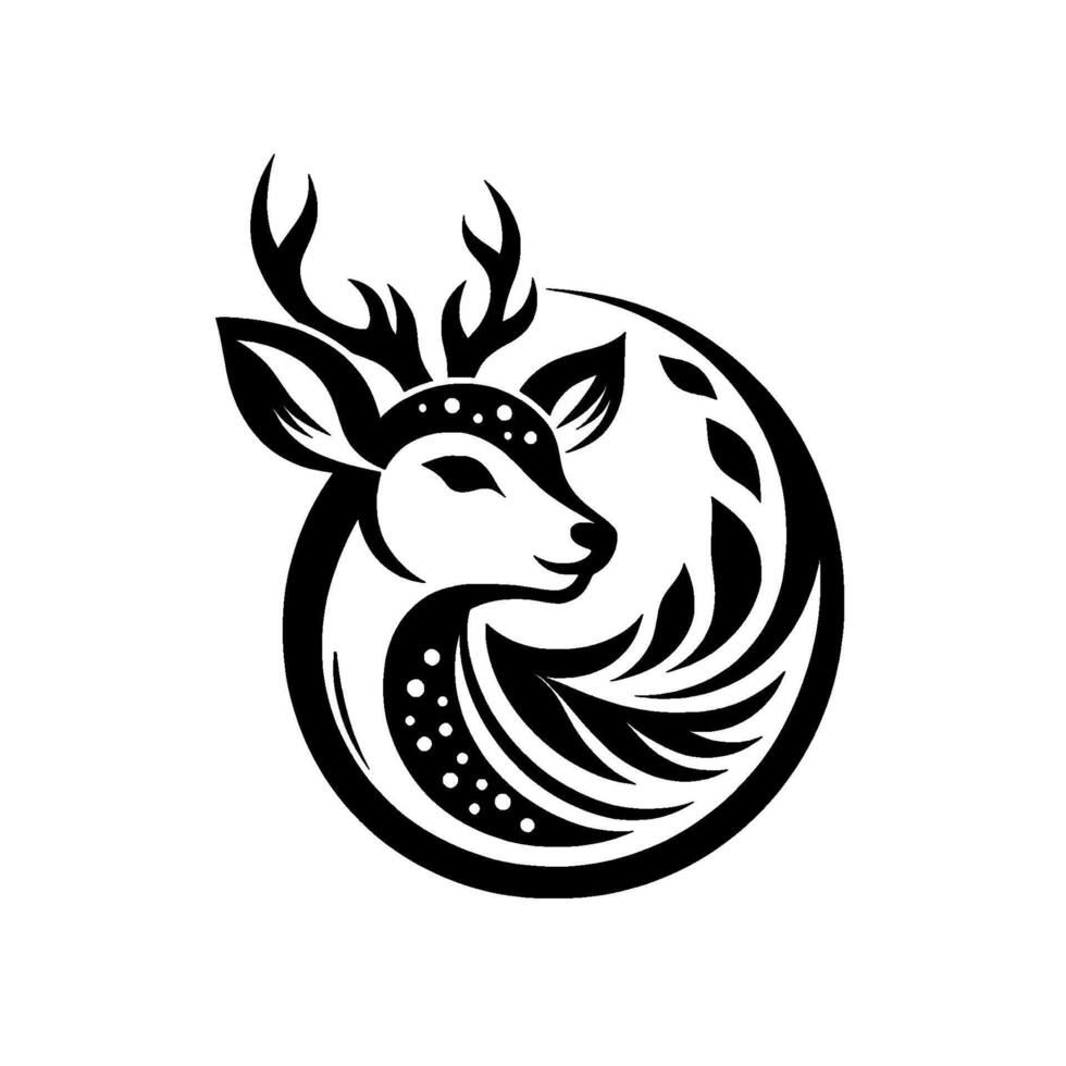 Minimalist black and white deer within a circle, featuring antlers, dots, and leafy elements, creating a natural and modern aesthetic. vector