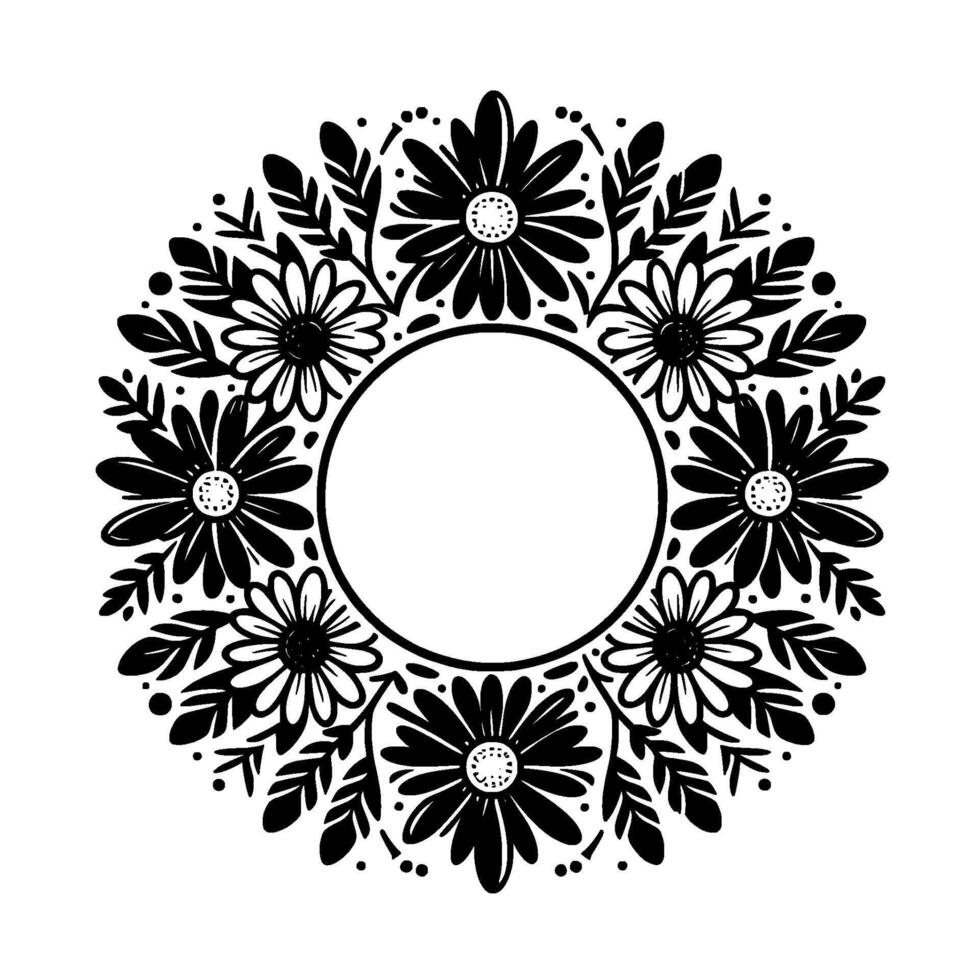 Circular black and white floral wreath with open center for design, featuring daisies and leaf accents. vector