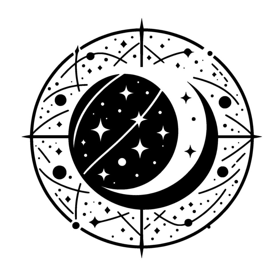 Celestial black and white circular emblem moon starry sphere within compass vector