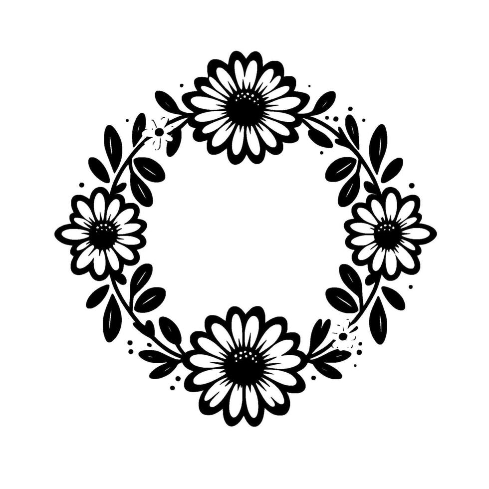 Symmetrical black and white floral wreath daisy and leaf on white, ornamental pattern vector