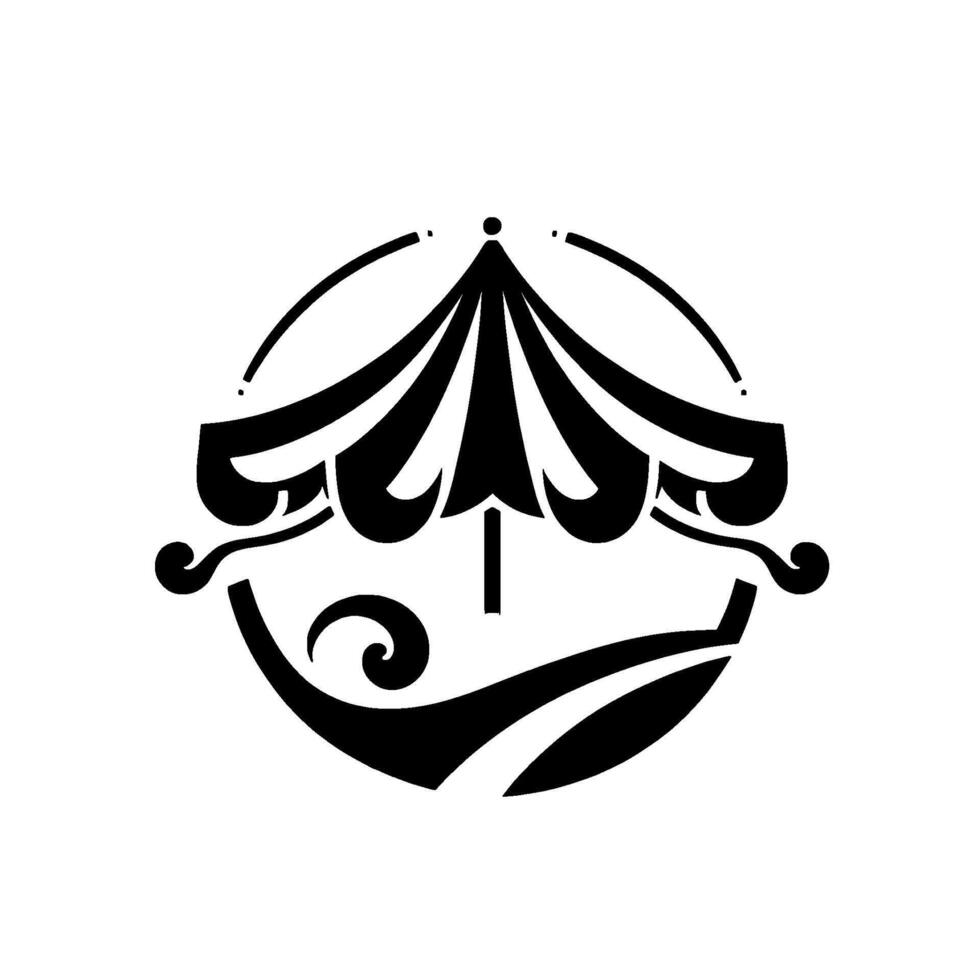 Monochromatic carousel graphic black and white illustration of a circular carousel tent with abstract swirls and decorative elements. vector
