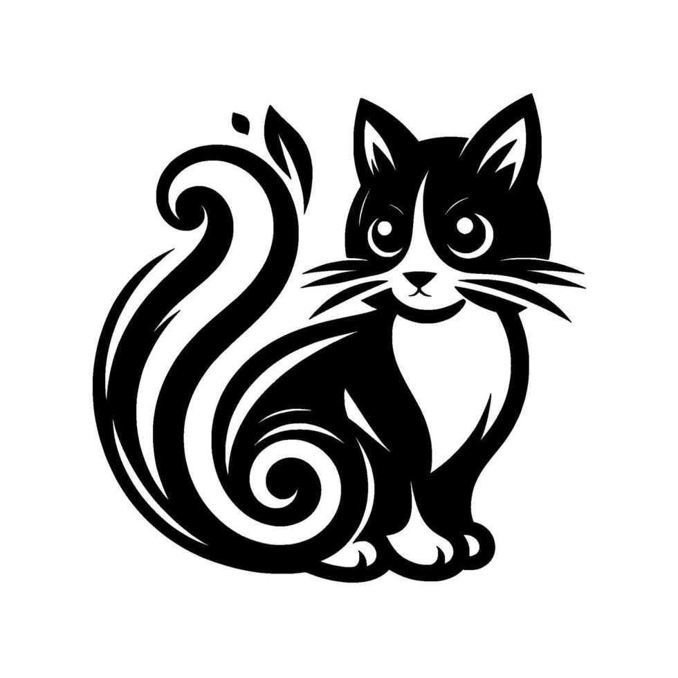 Whimsical cartoon skunk cat, black and white, sitting pose with swirling tail and happy expression, style vector