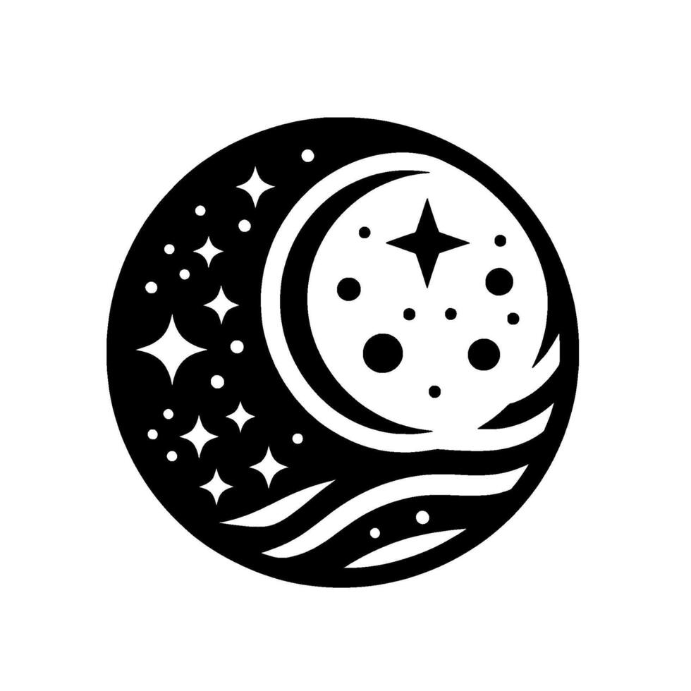 Celestial circle a stylized black and white showcasing a crescent moon, stars, and cosmic elements within a circular composition, evokes a mystical atmosphere. vector