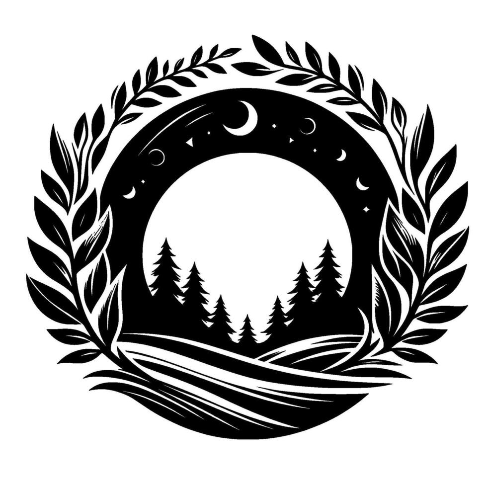 Serene night landscape circular emblem with forest silhouette, crescent moons, and foliage frame in black and white. vector