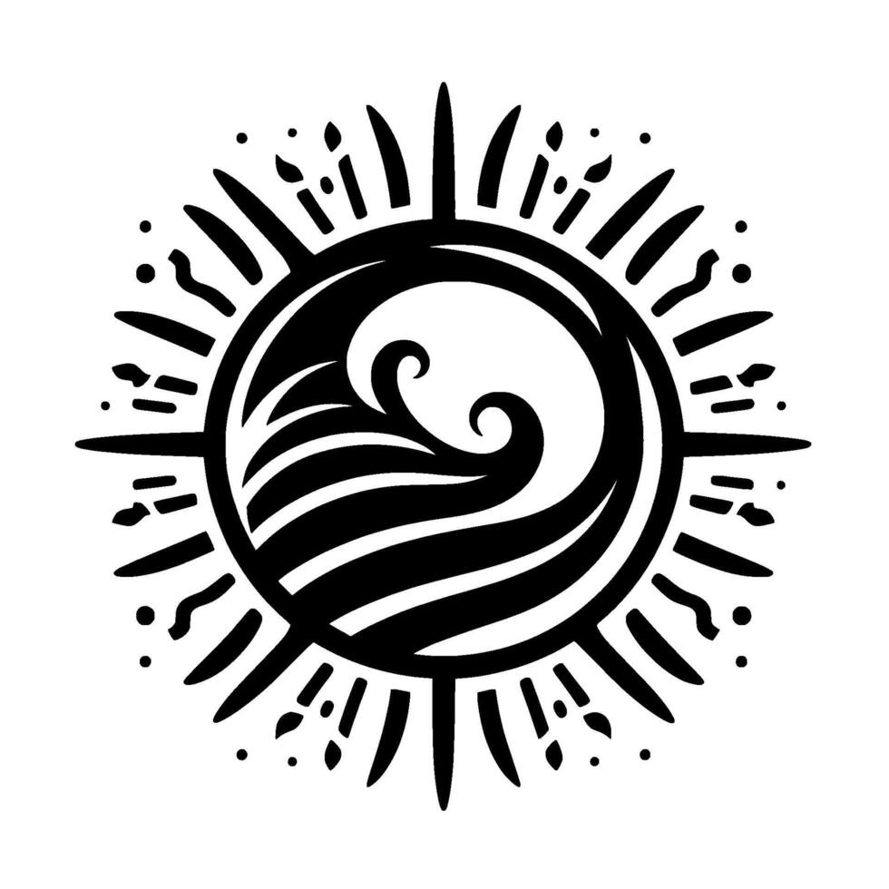 A stylized monochrome sun featuring a wave symbol at its core, radiating outward with tribalesque shapes and dot accents. vector