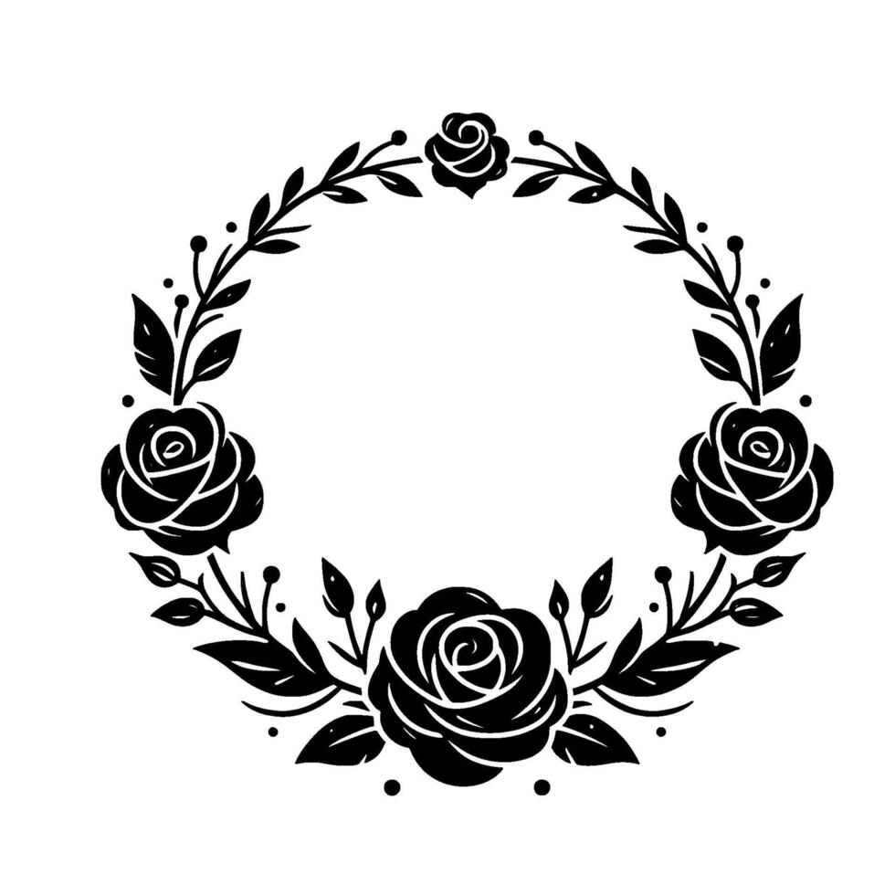 Elegant black and white rose wreath, floral with leaves, artistic circular frame, silhouette, botanical illustration. vector