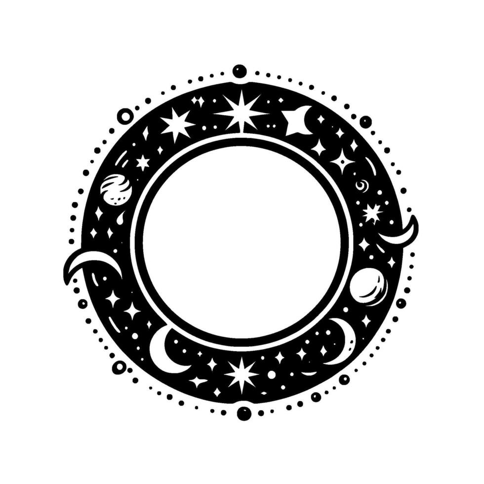 A circular celestial in black and white, featuring moons, stars, planets, and cosmic elements around a vacant central space. vector