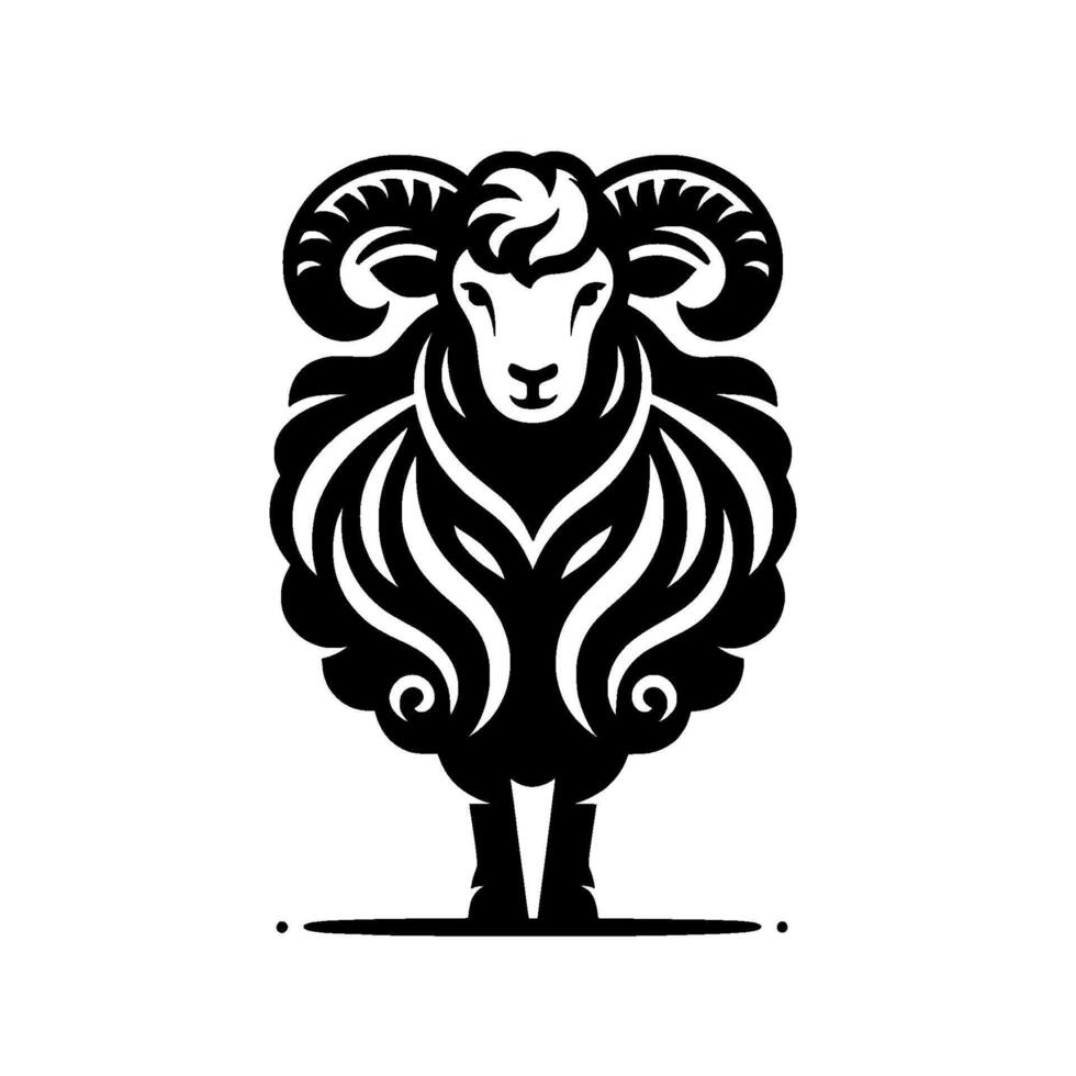 Striking, minimalist black and white illustration of a stylized ram, depicting strength, with detailed, decorative elements. vector
