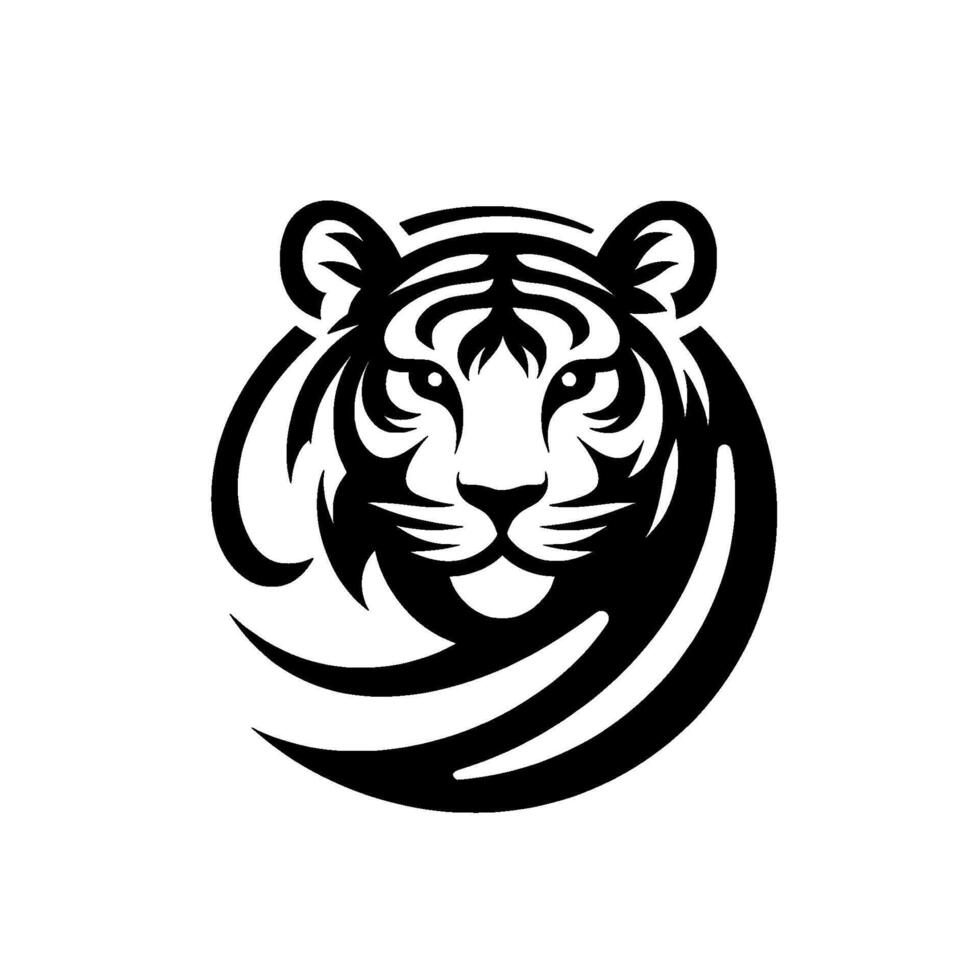 Powerful black and white tiger head logo, surrounded by swirls on a clean white background. vector
