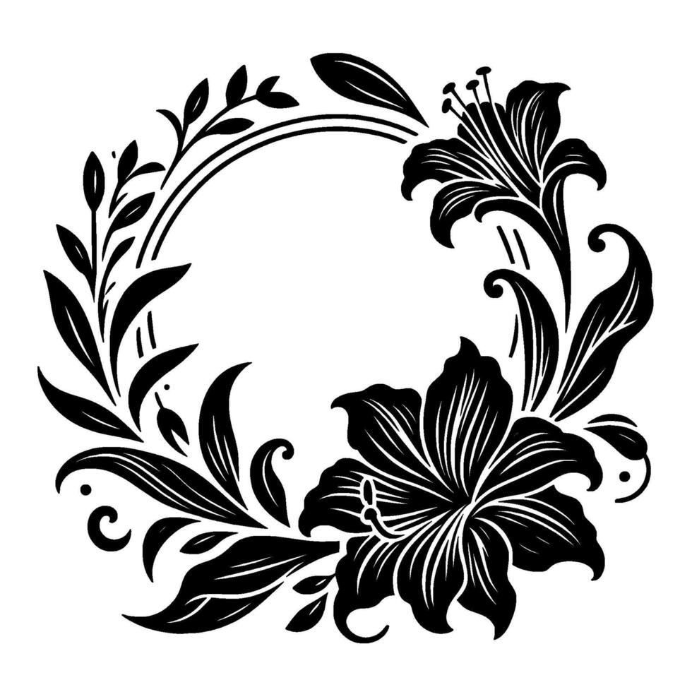 Elegant black and white floral wreath with stylized lilies and foliage encircling a central empty circular space, suitable for invitations or decor. vector