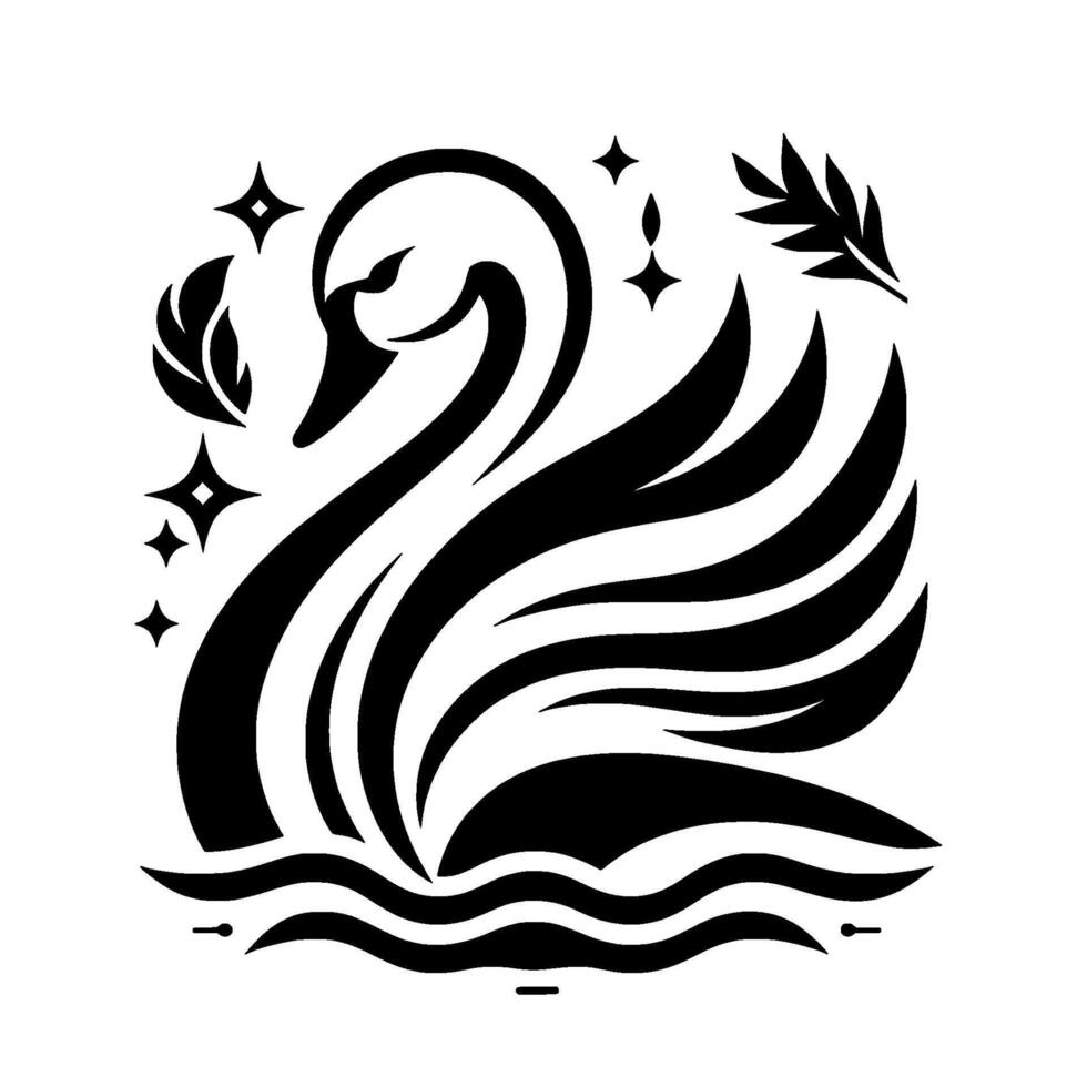 Elegant black and white stylized swan silhouette with decorative elements, on a white background. vector