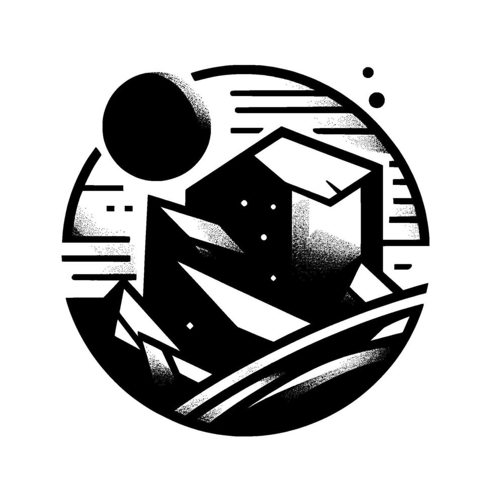 Abstract black and white illustration of a mountainous landscape with geometric buildings, a moon, and a celestial body. vector