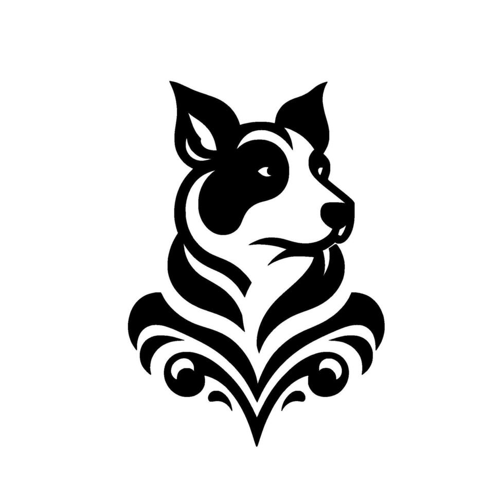 Black white border collie design, elegant silhouette with ornamental crest, against white background, representing loyalty and trust. vector