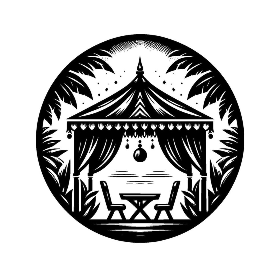 Elegant black and white illustration of a gazebo with fringed canopy, furniture, palm trees, and a circular frame. vector