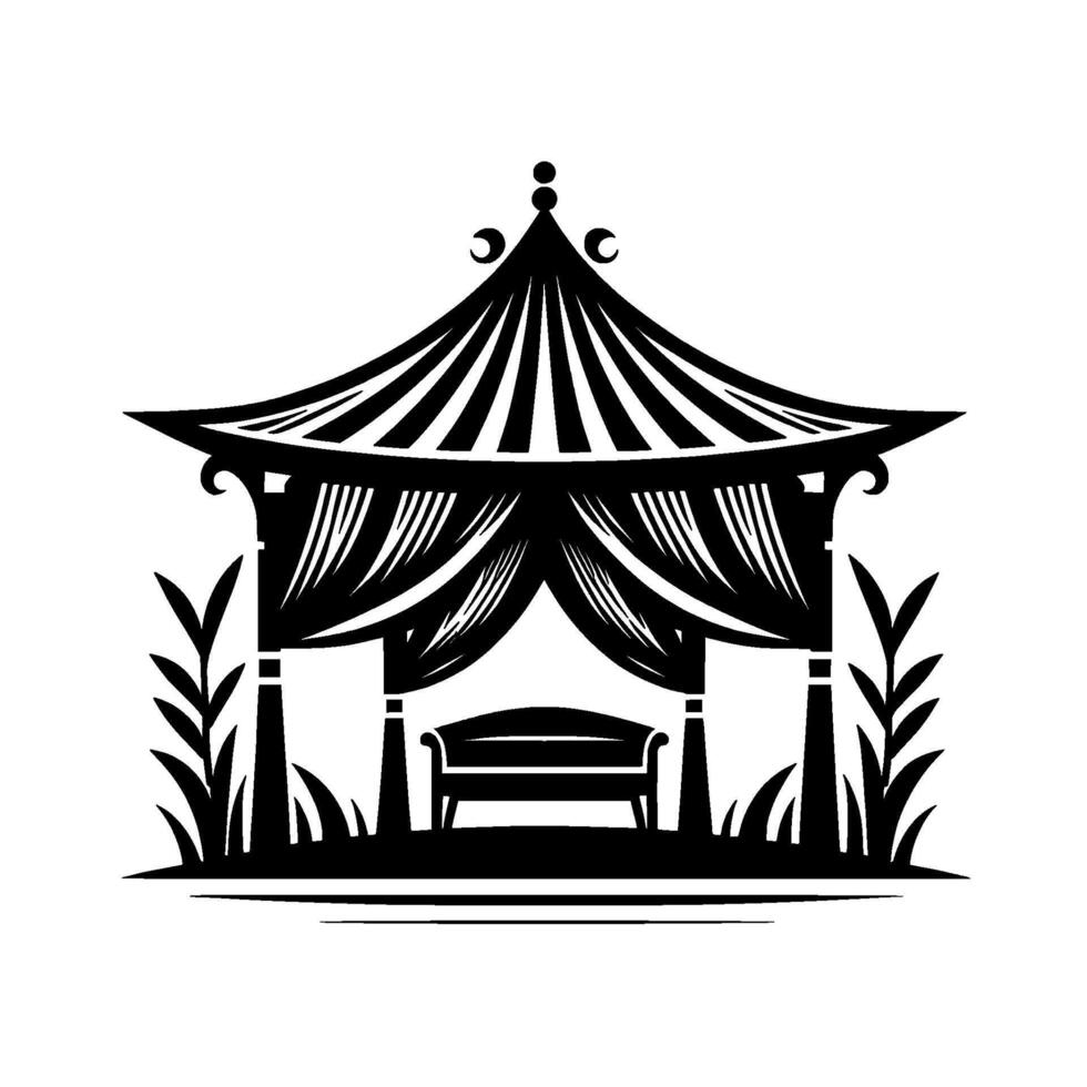 Elegant black and white illustration oriental pagoda with a bench, lush foliage, and a crescent moon design, serene garden scene vector
