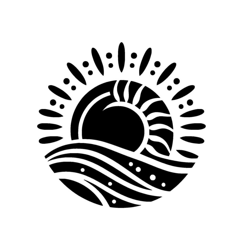 Stylized black and white of the sun rising over wavy ocean with tribalinspired elements. vector
