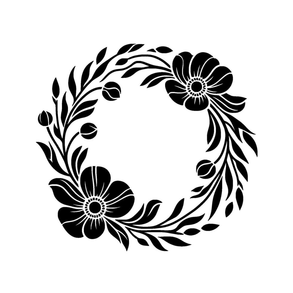 Elegant black floral wreath a symmetrical botanical of stylized poppy flowers, buds, and leaves, arranged in a circular pattern on a white background. vector