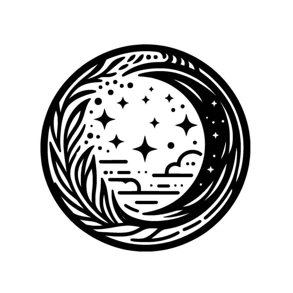 Circular black white illustration crescent moon, stars, clouds, and foliage in a night sky scene. vector