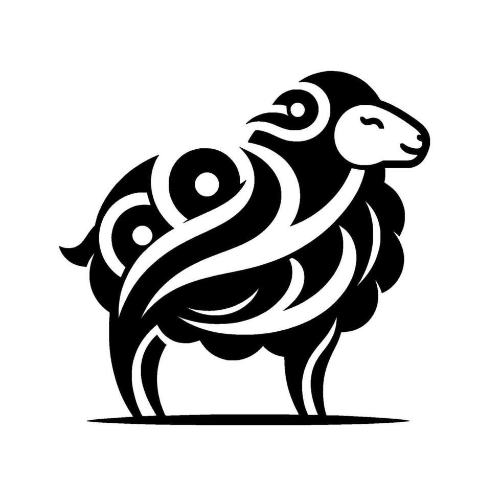 Minimalist black and white sheep illustration with stylized curved lines, simple design, isolated on white, calm expression, side profile, farm animal art vector