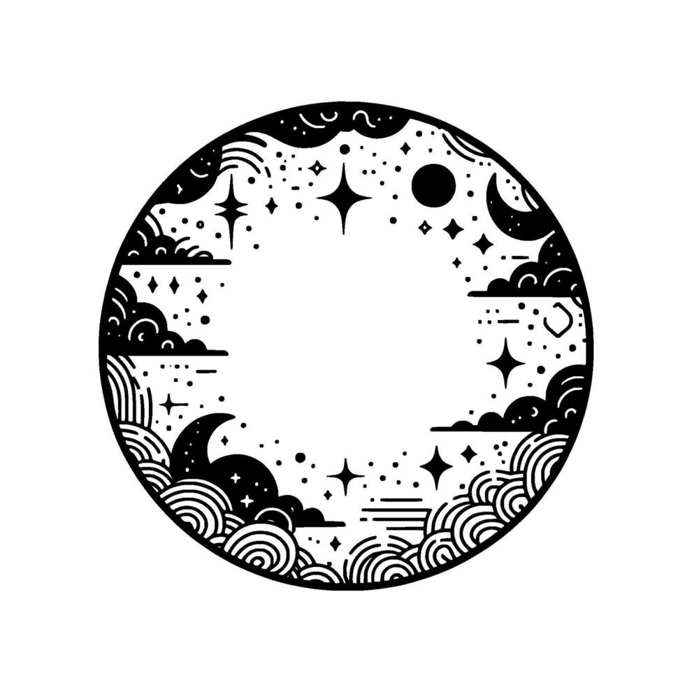 Circular black and white celestial with stars, moons, clouds, and decorative elements vector
