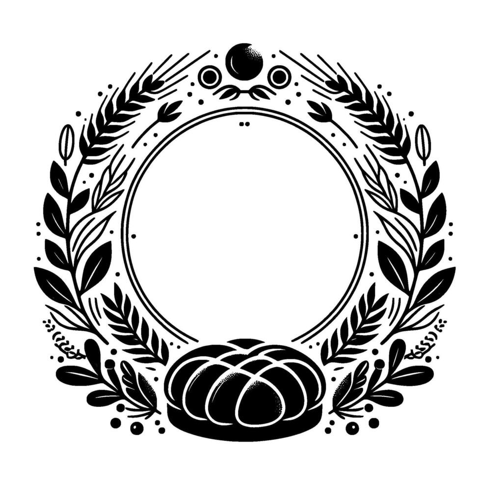 Intricate monochrome wreath design, featuring bread, wheat, and leaves, a perfect circular frame for invitation, or design. vector
