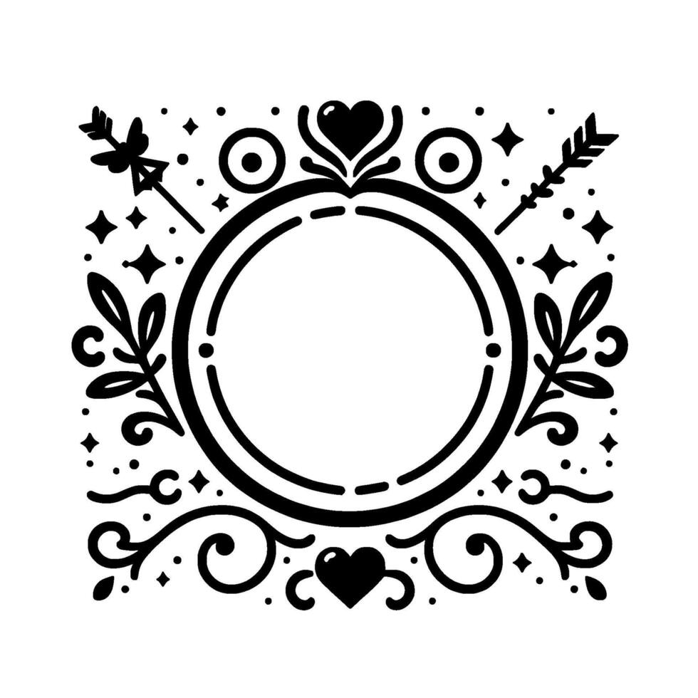 Elegant circular frame featuring arrows, hearts, botanical elements, and stars, in black and white. vector