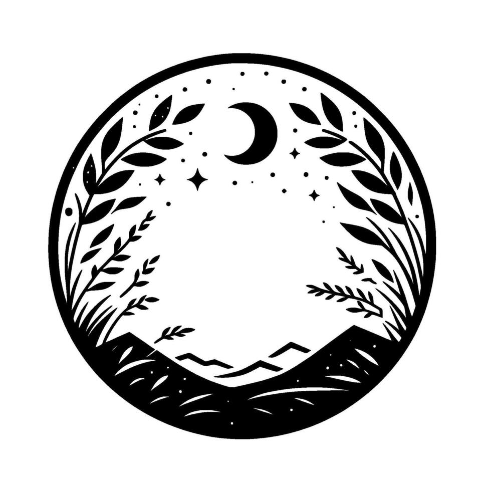 A serene, circular black and white depicting a night scene with a crescent moon, stars, foliage, and mountains. vector