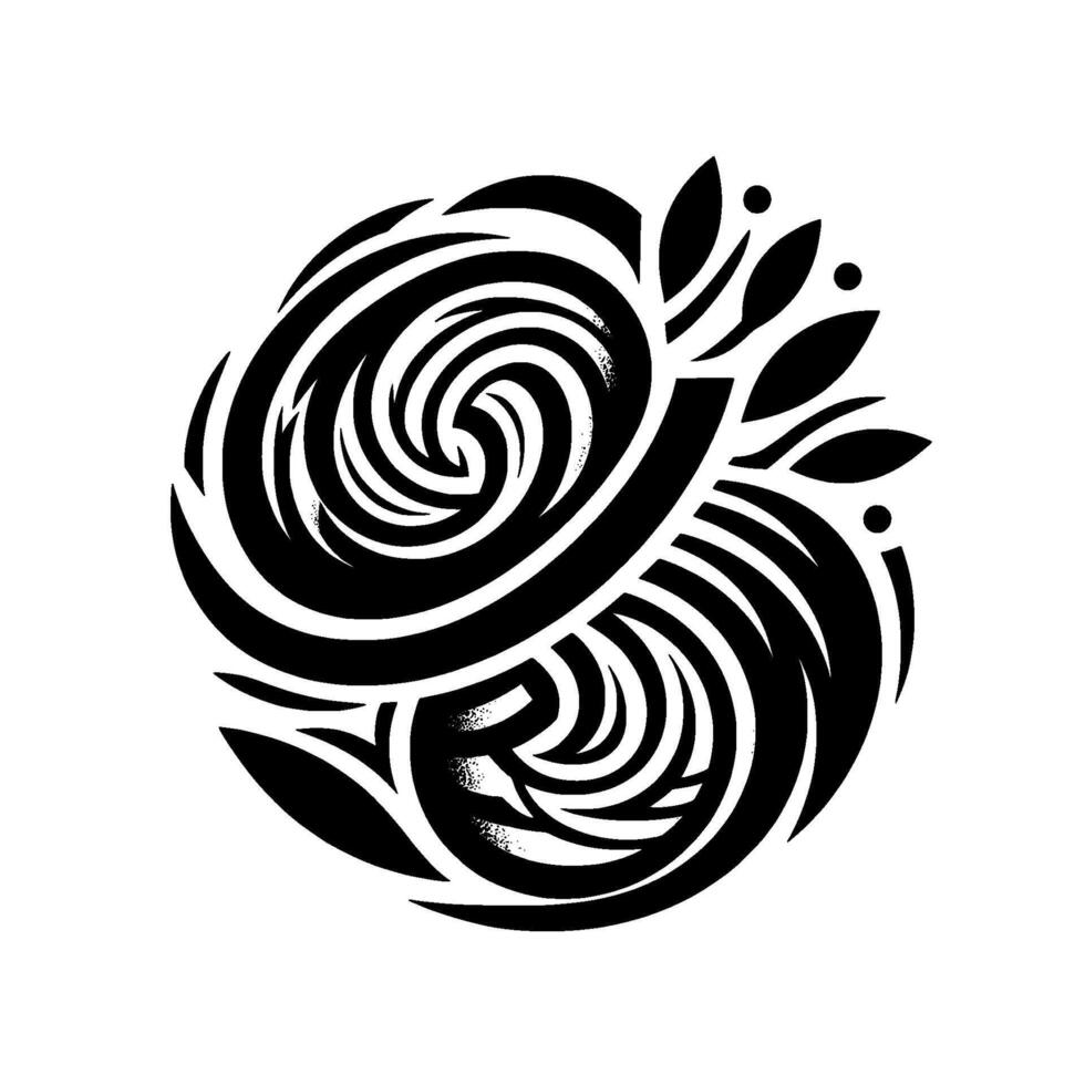 Elegant black and white floral mandala with swirls, leafy accents, and minimalist composition on a white background. vector