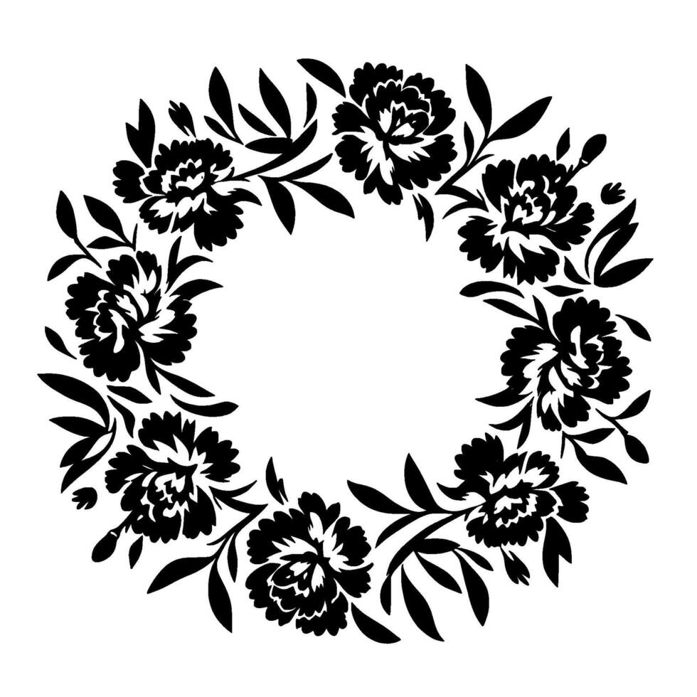 Elegant black and white floral wreath illustration, featuring stylized peonies and foliage forming a circular on a white background. vector