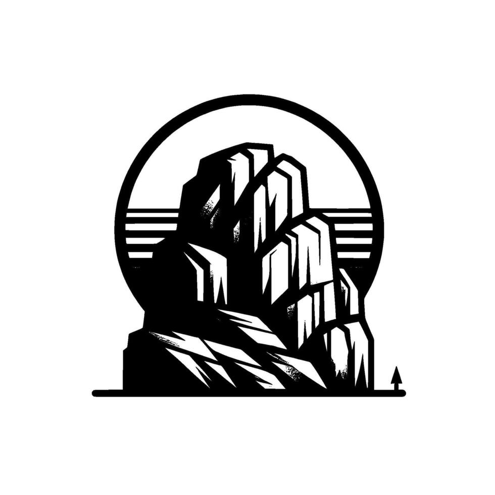 Stylized black and white mountain landscape with circle and horizontal stripes, minimalistic mountain scene, clean design. vector