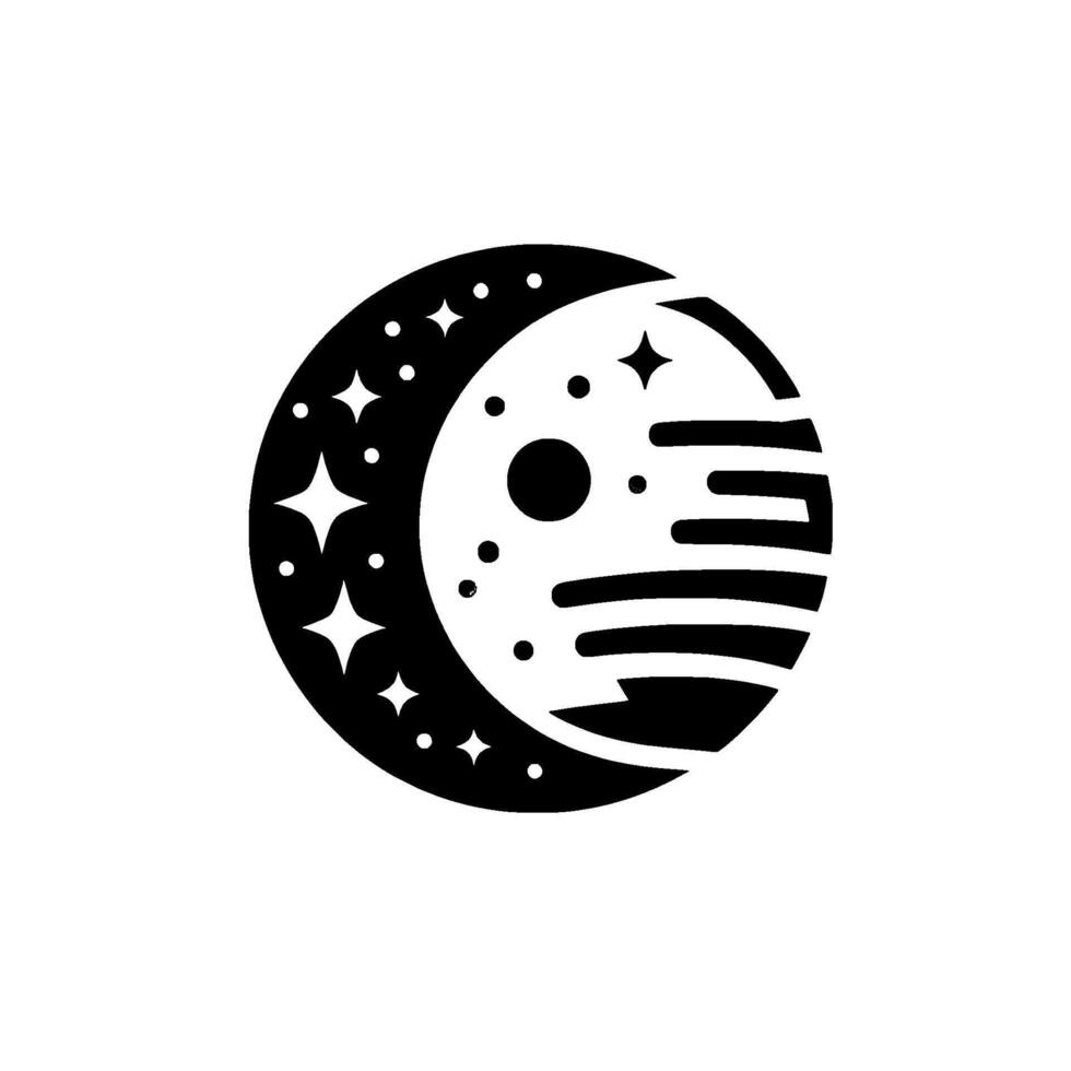 Black and white crescent moon with stars and stylized lines, isolated on a clean white background, evokes a sense of peace. vector