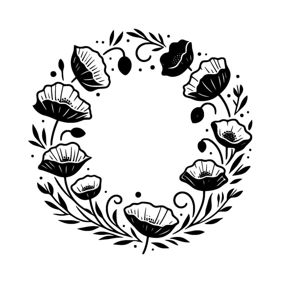 Elegant black and white botanical wreath featuring stylized poppies, leaves, buds, and decorative elements, arranged in a circular pattern on a white background. vector