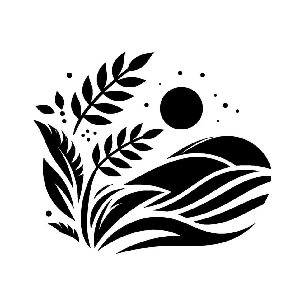 Minimalist black and white illustration serene landscape featuring plant elements, hills, moon, and dots, evoking tranquility. vector