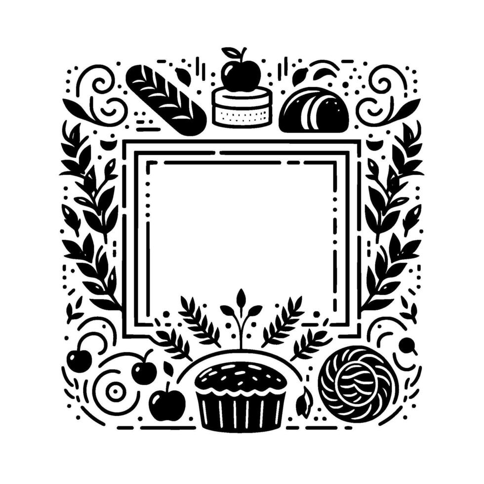 Elegant black and white bakery themed square frame with an assortment of baked goods and a blank center. vector