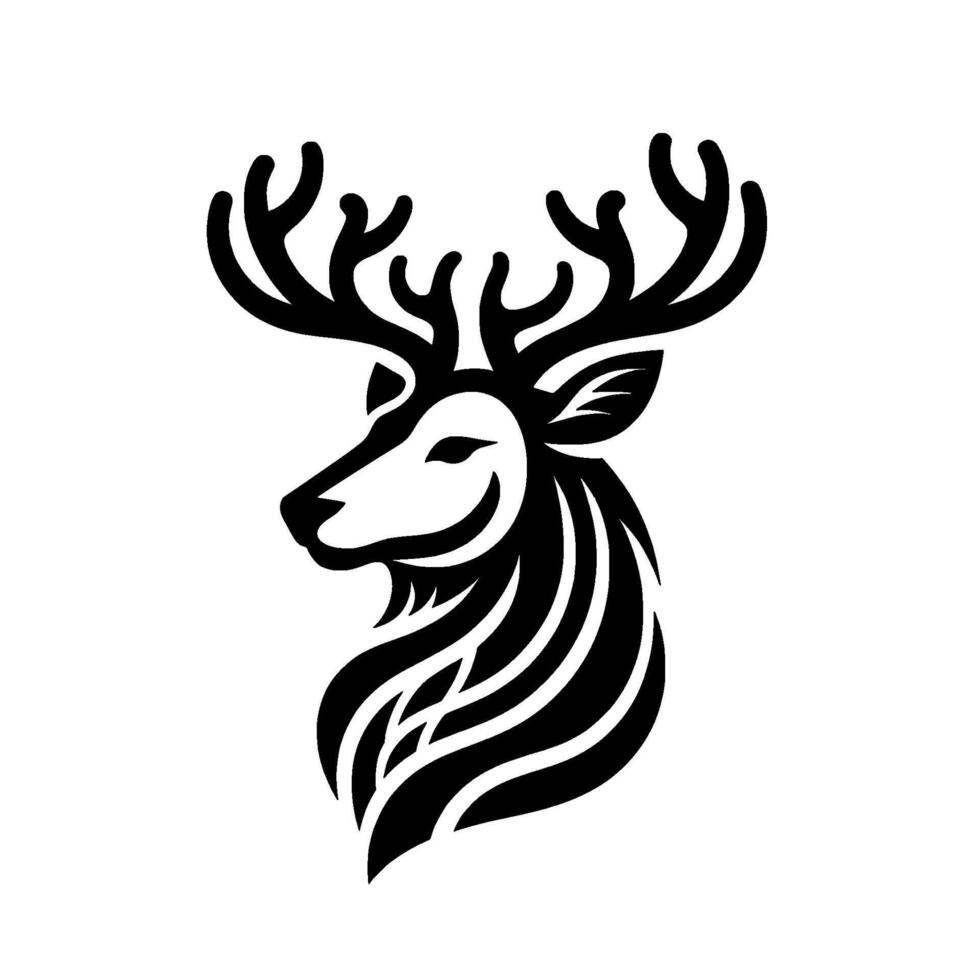 Simplified, elegant black and white illustration of a majestic stag with large antlers and a flowing mane against a clean background. vector