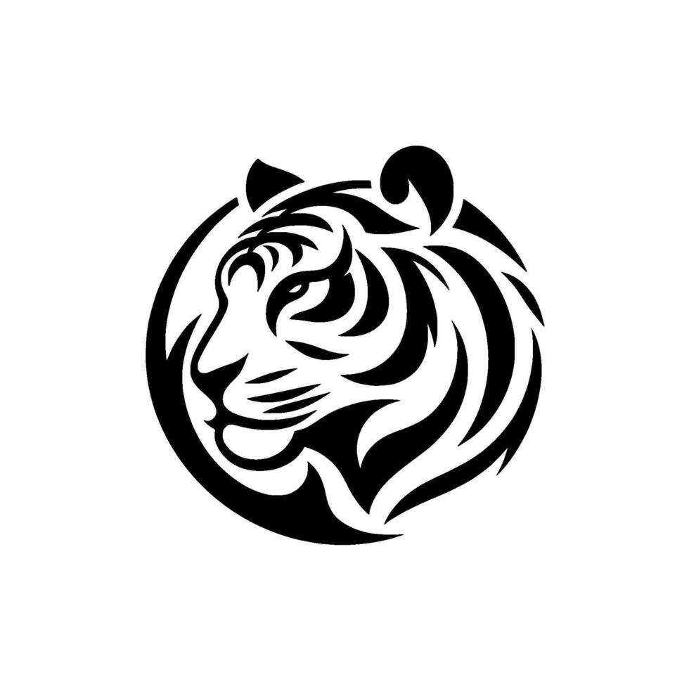 A stylized, black and white, tribalinspired illustration of a tigers head contained within a circular outline on a white background, exuding strength. vector