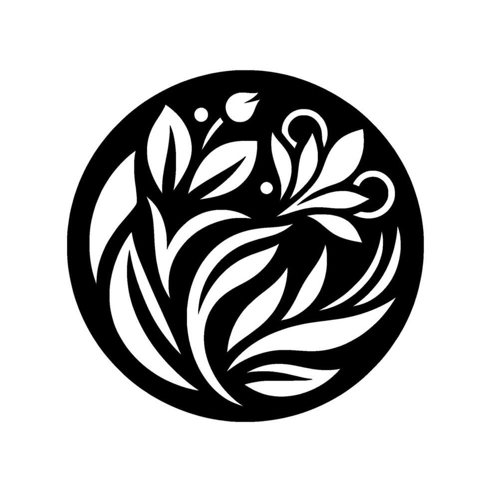 Circular black and white botanical featuring stylized leaves, buds, and flowers in a symmetrical arrangement. vector