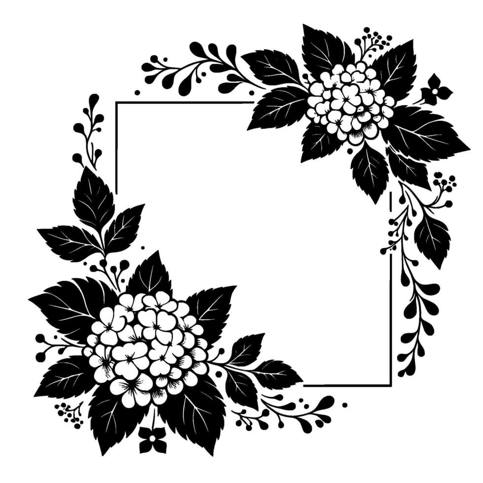 Elegant black and white floral frame featuring hydrangea blossoms, leaves, and berries with a central square design. vector