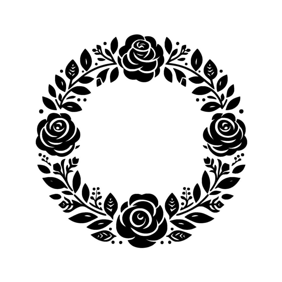 Intricate black floral wreath, a symmetric featuring stylized roses and foliage arranged in a circular frame on a white background. vector