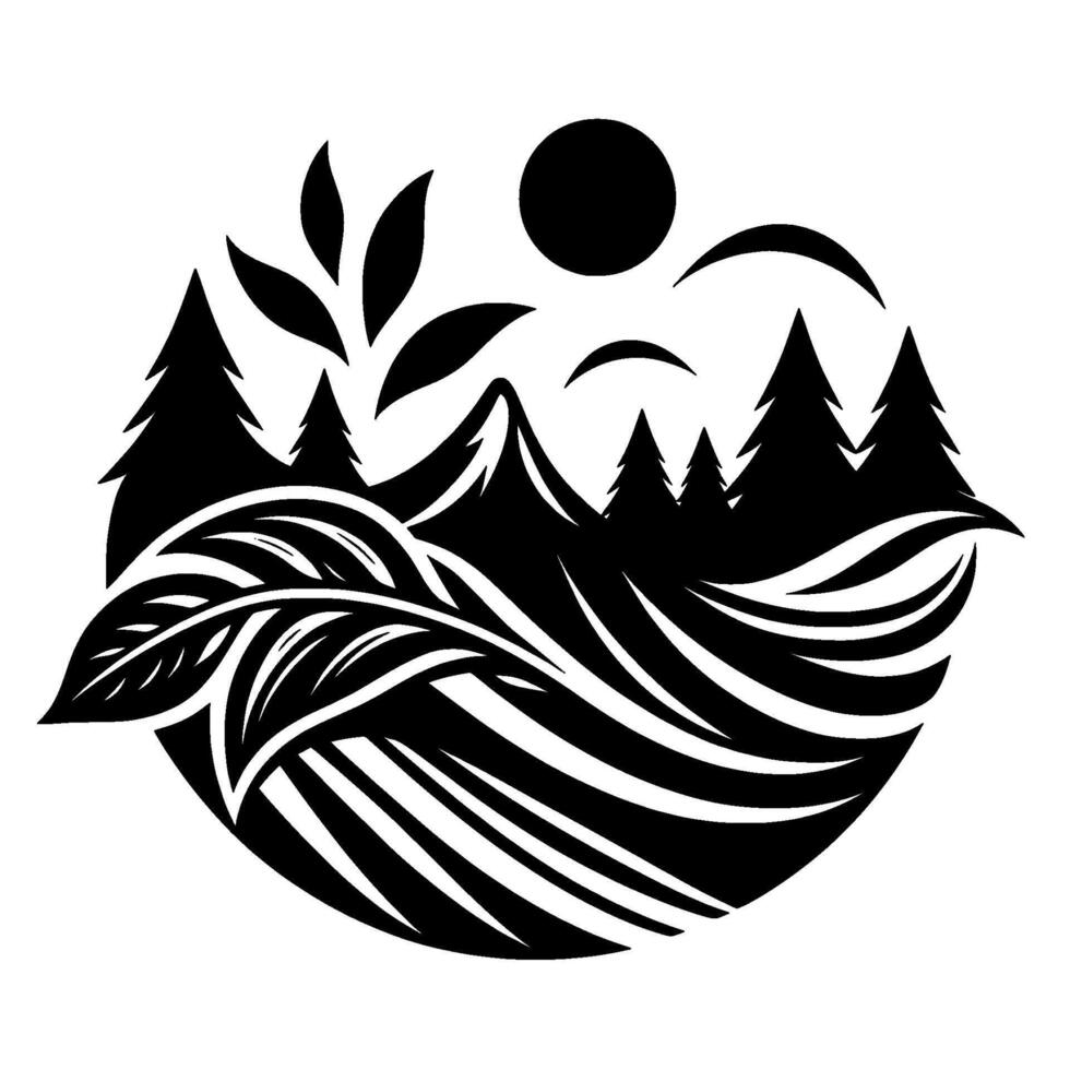 Symbolic black and white circular showcasing a natural landscape mountains, trees, leaves, and a sun. vector
