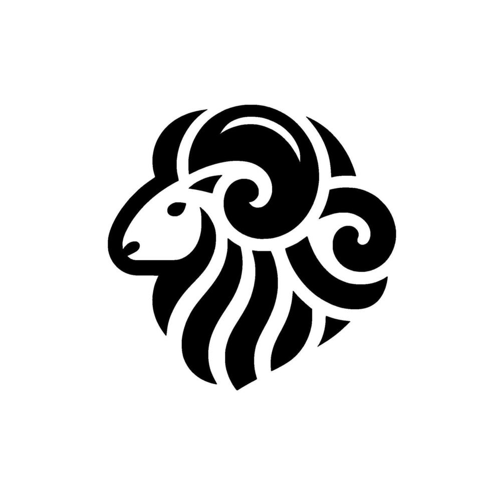 Minimalist black and white rams head design, featuring a stylized, elegant portrayal with curved horns and flowing fur against a pure white background. vector