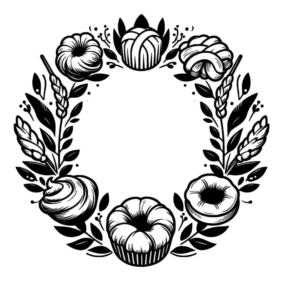 A decorative black and white wreath illustration, featuring baked goods and floral elements, arranged in a circular pattern. vector