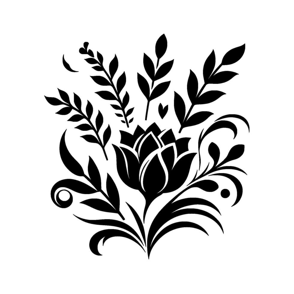 Bold black floral silhouette detailed botanical arrangement featuring a central lotuslike bloom surrounded by leaves, branches, and decorative elements, all against a crisp white background. vector