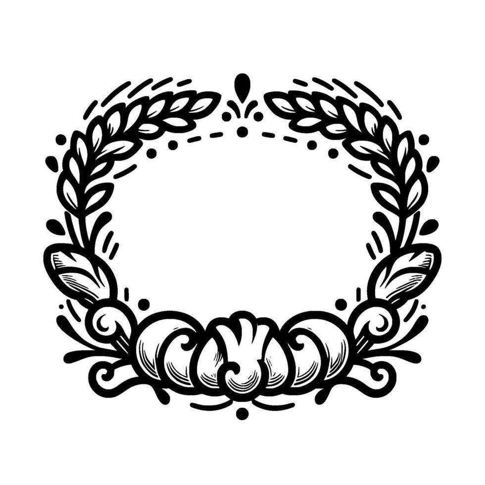 Ornate black and white floral wreath with leafy sprigs, delicate swirls, and empty central oval on white background vector