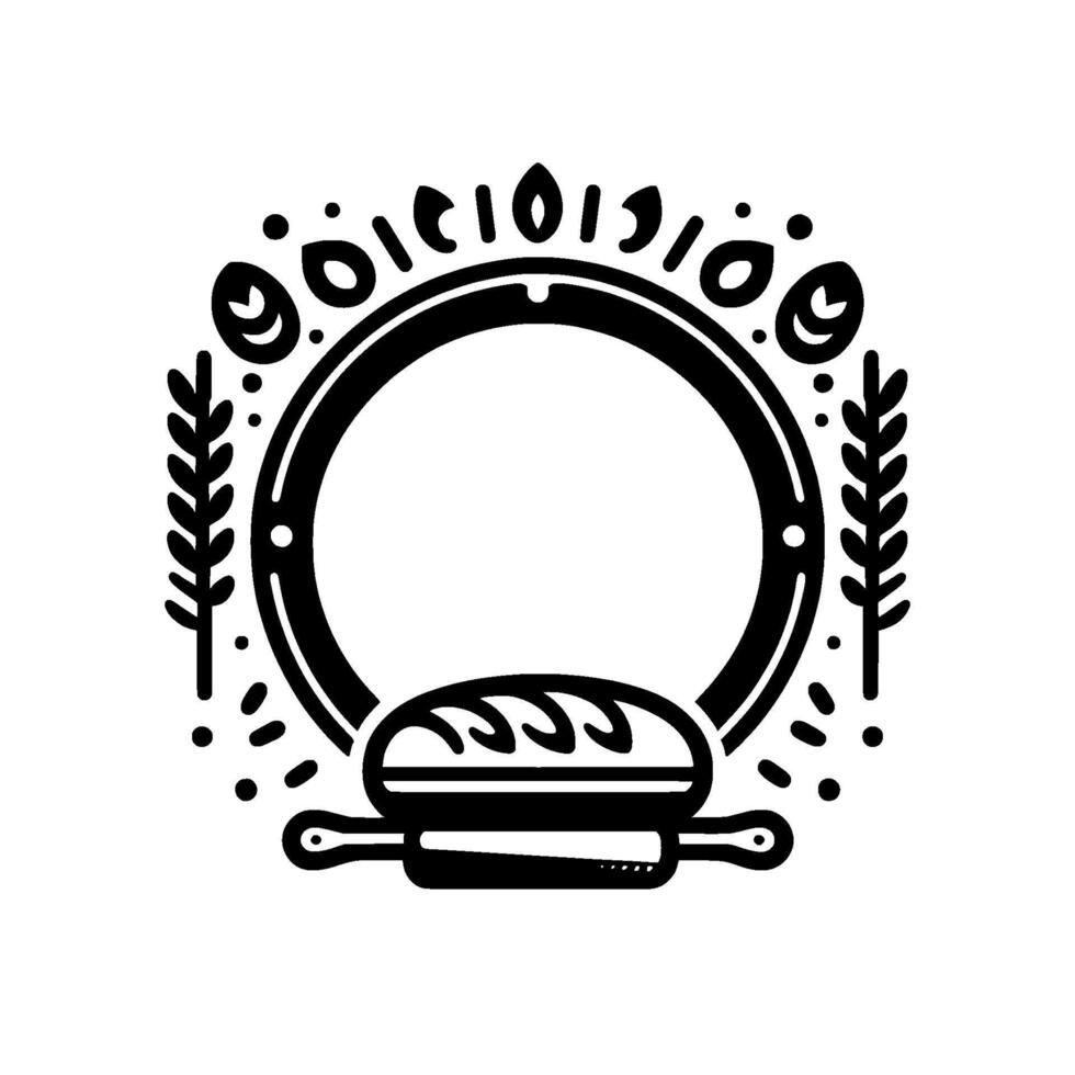 Bakery emblem a rustic black and white featuring bread, rolling pin, wheat stalks, and a circular frame. vector